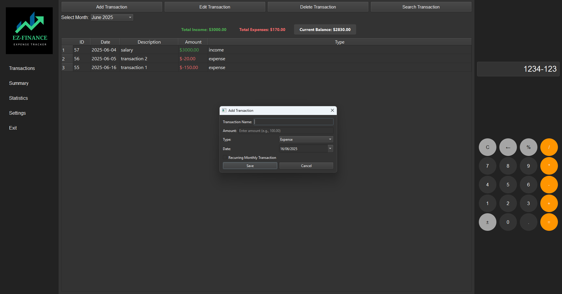 EZ Finance expense tracker screenshot