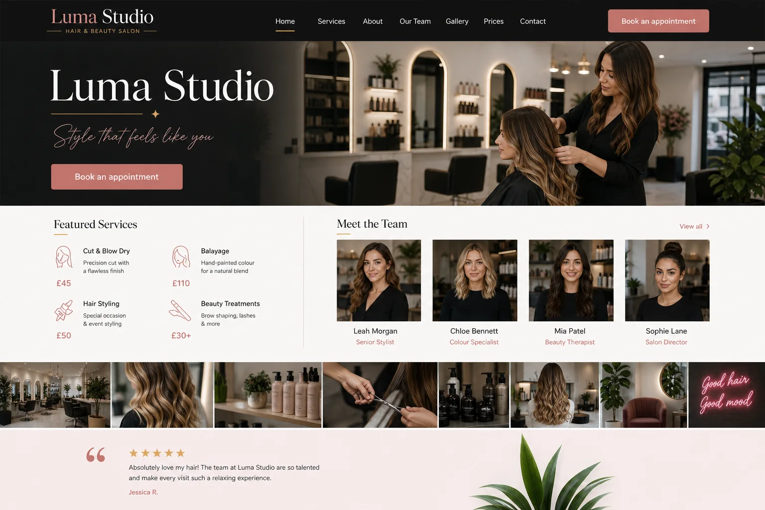 Salon website concept showing its homepage and treatments